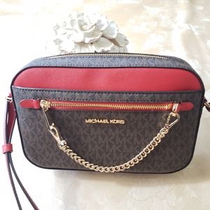MICHAEL KORS EW LARGE CHAIN  CROSSBODY Flame  Brown Red MK Signature Bag